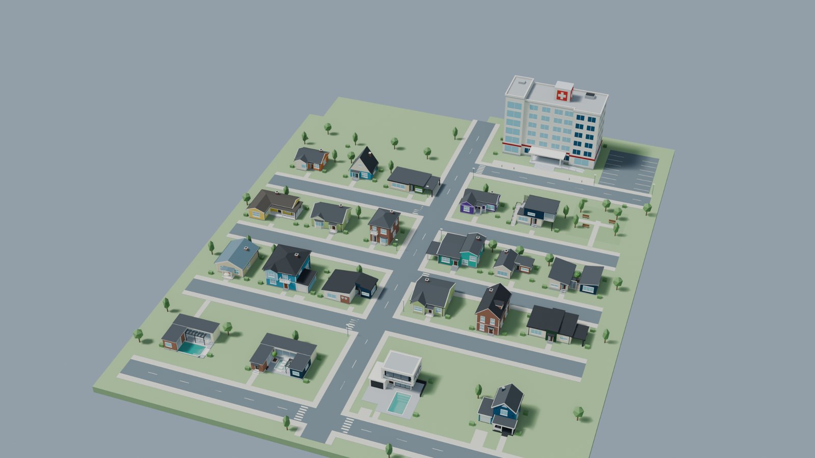 Stylized neighborhood created with Vornexa building assets